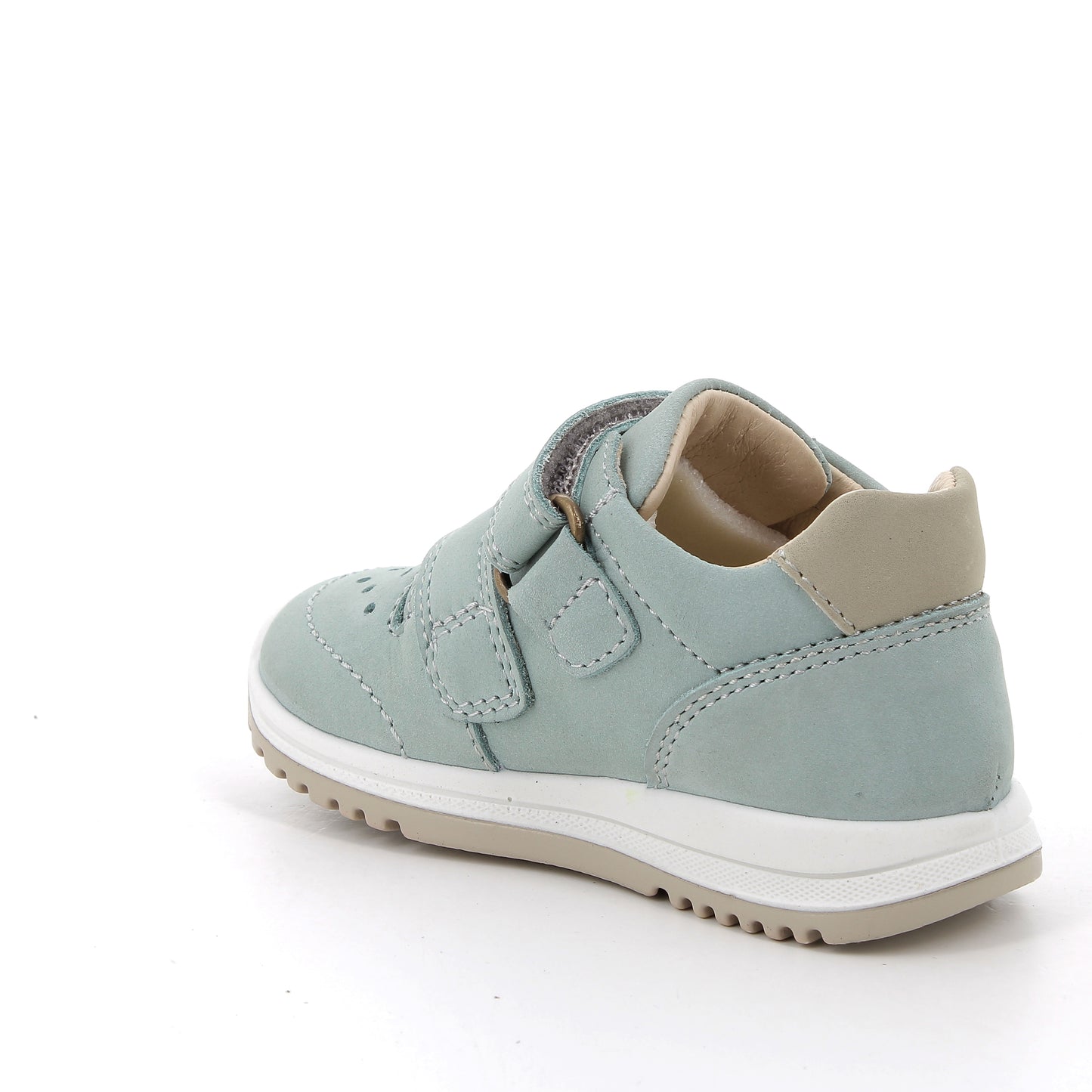 A girls trainer by Primigi, style Baby Tiguan 5855744, in pale green nubuck with velcro fastening. Angled view of left side.