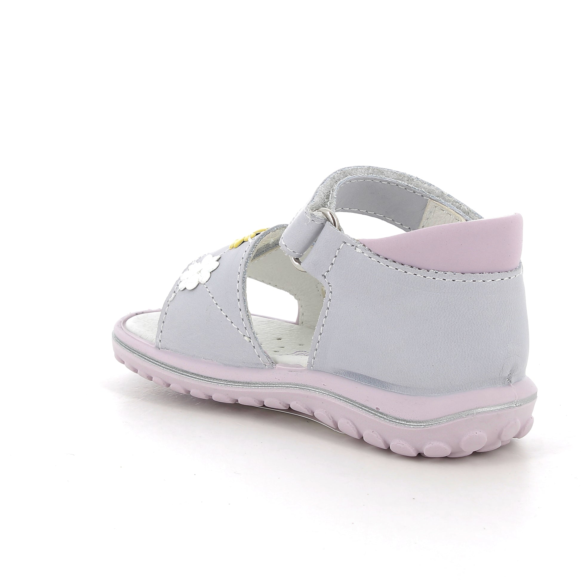 A girls sandal by Primigi, style Baby Sweet 586522, in grey leather with multi coloured flower trim. Angled view of left side.