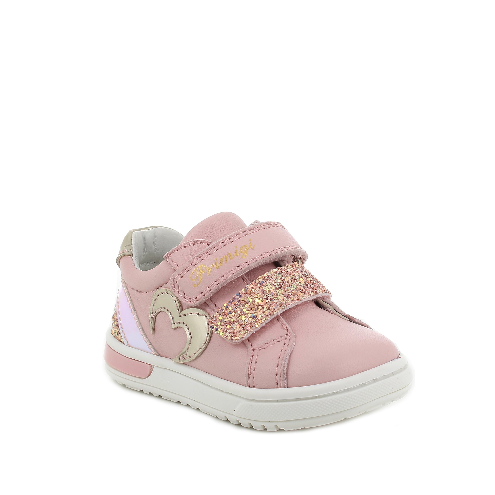 A girls casual shoe by Primigi, style Baby Dude 5905211, in pink and white leather with double velcro fastening. Angled view.