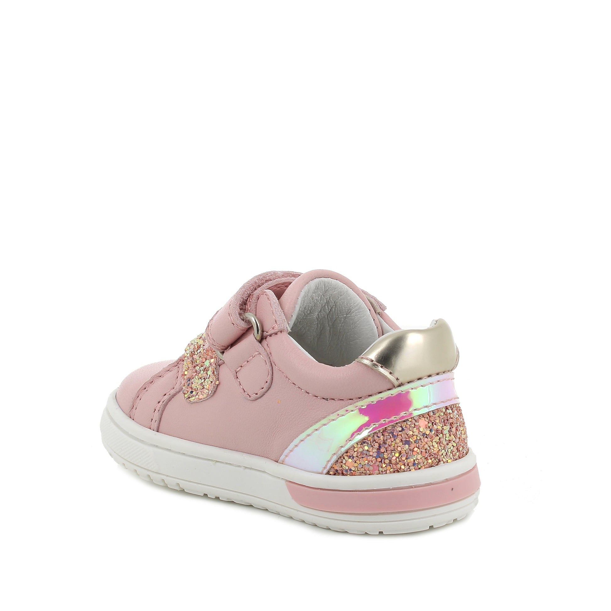 A girls casual shoe by Primigi, style Baby Dude 5905211, in pink and white leather with double velcro fastening. Angled view of left side.