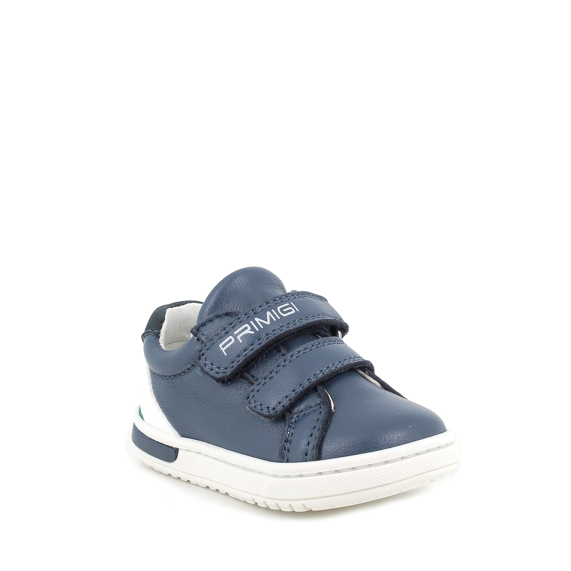 A boys casual shoe by Primigi, style Baby Dude 5905311, in navy, white and green leather with double velcro fastening. Angled view.