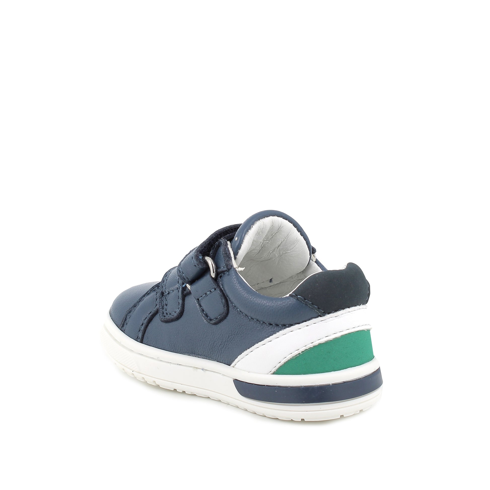 A boys casual shoe by Primigi, style Baby Dude 5905311, in navy, white and green leather with double velcro fastening. Angled view of left side.