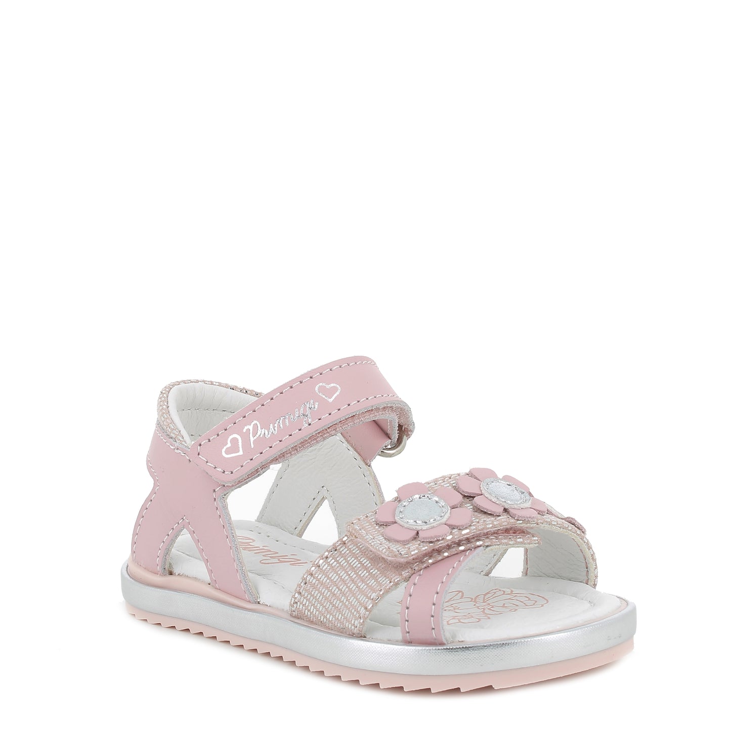 A girls open toe sandal by Primigi, style Happy Startlet 5915022, with flower trim in pink and silver leather. Velcro fastening. Angled view.