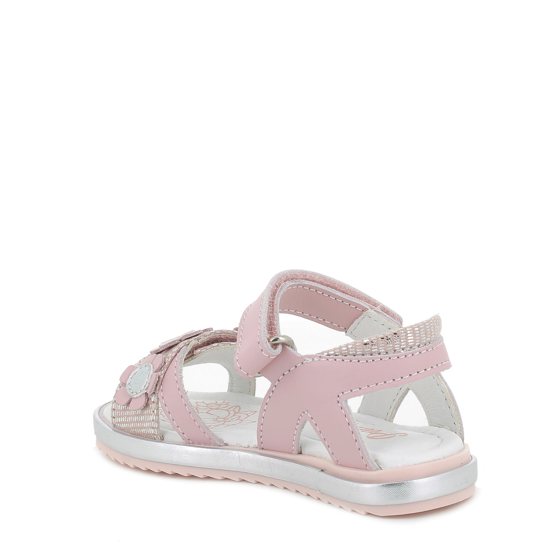 A girls open toe sandal by Primigi, style Happy Startlet 5915022, with flower trim in pink and silver leather. Velcro fastening. Angled view of left side.