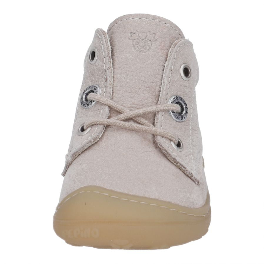 A boys ankle boot by Ricosta, style Cory, a lace-up in light grey with a toe bumper. Front view.