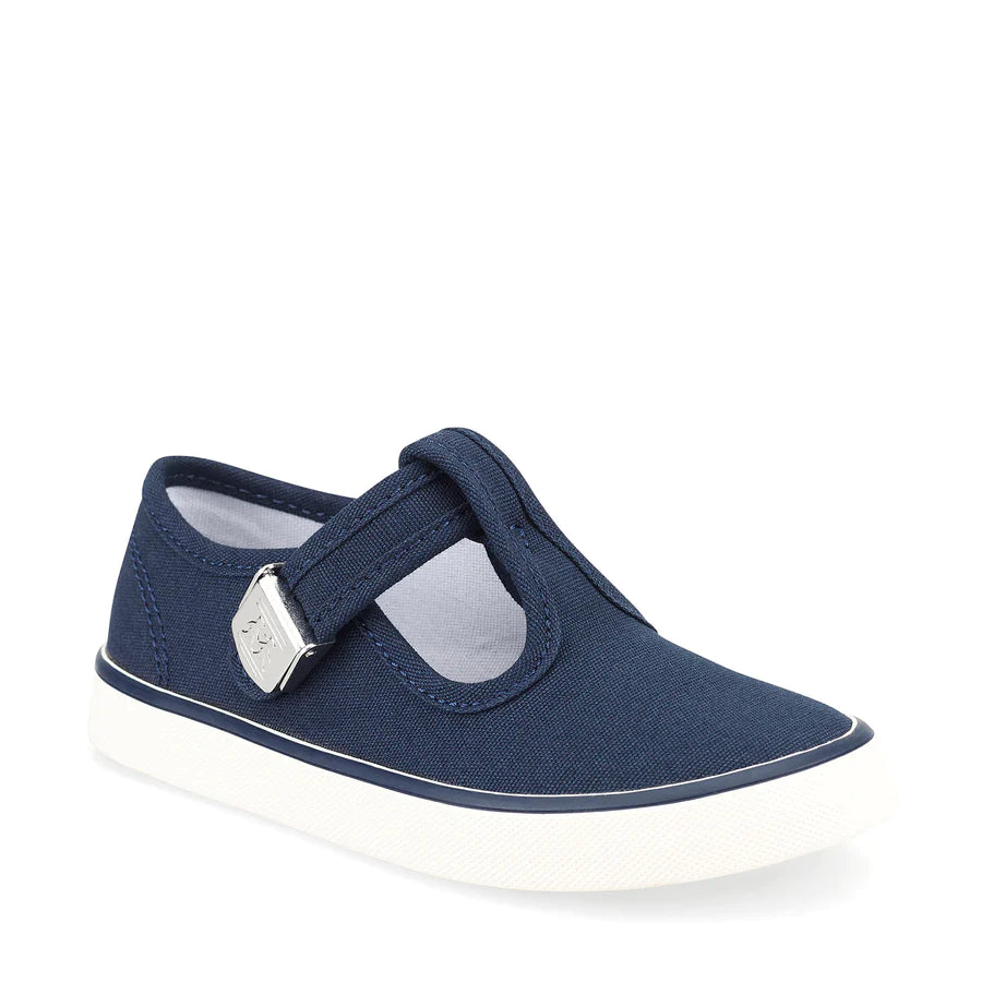 A unisex T-Bar canvas shoe by Start-Rite, style Treasure, in navy with white sole and silver buckle fastening. Angled right side view.