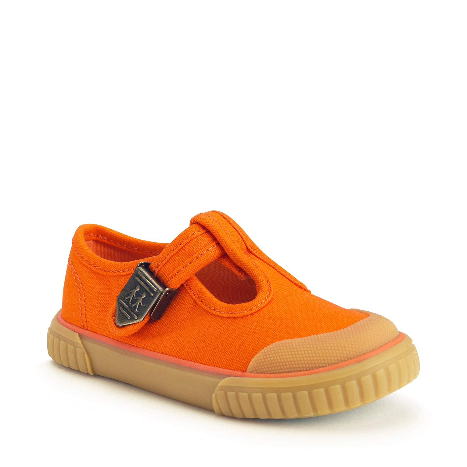 A unisex canvas T-Bar shoe by Start-Rite, style Anchor, in orange, with beige sole and toe bumper and buckle fastening. Angled view.