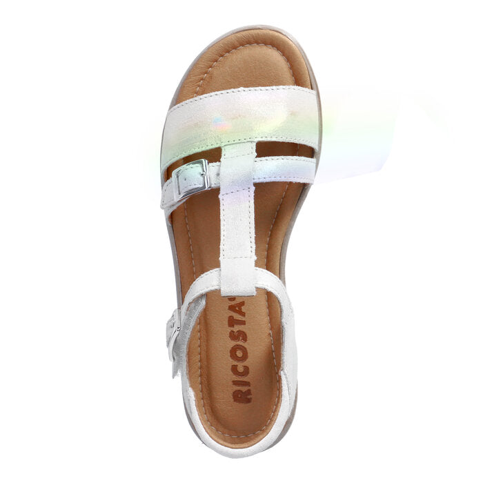 A girls open toe sandal by Ricosta, style Kalja, in bianco rainbow with a velcro fastening. Above left view.