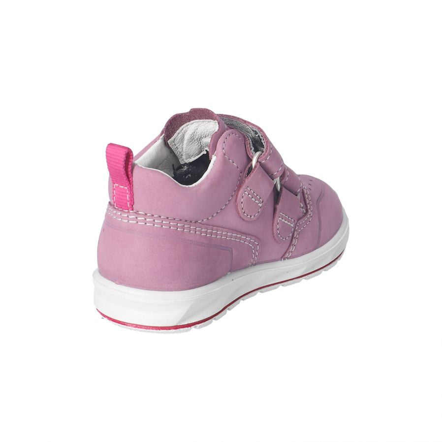 A girls waterproof ankle boot by Ricosta, style Jano, in light purple, double velcro fastening. Rear inner side view.