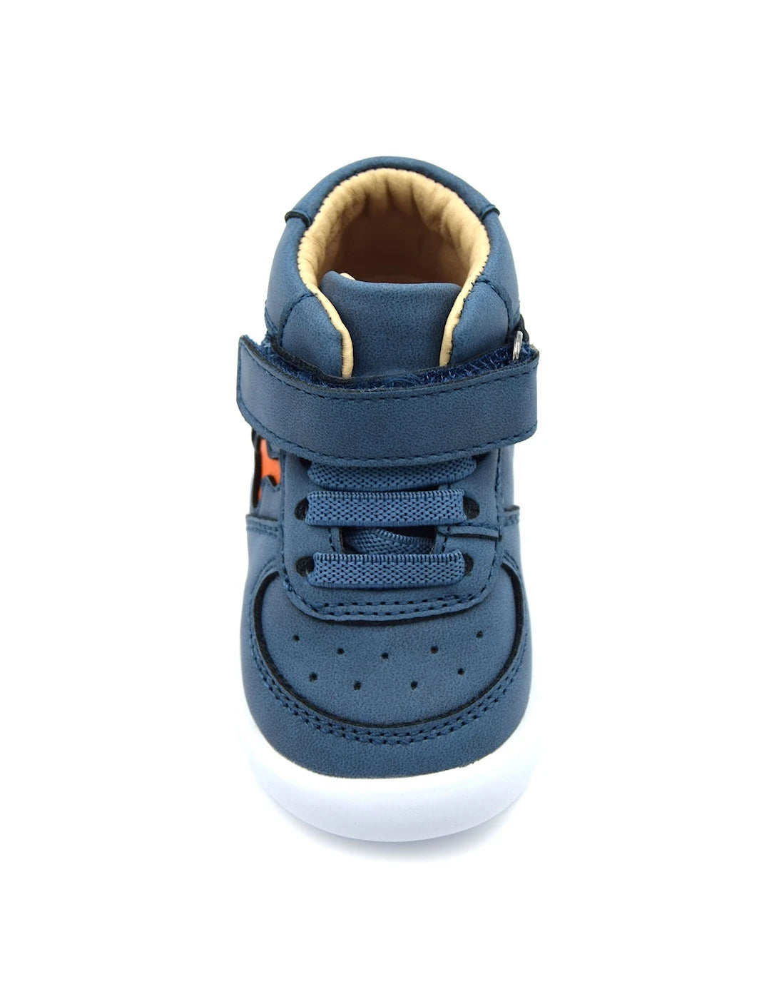 A boys mid-top shoe by Shoesme, style BF24SO14-B, in blue with orange motif on side. single velcro fastening and bungee lace. Top view.