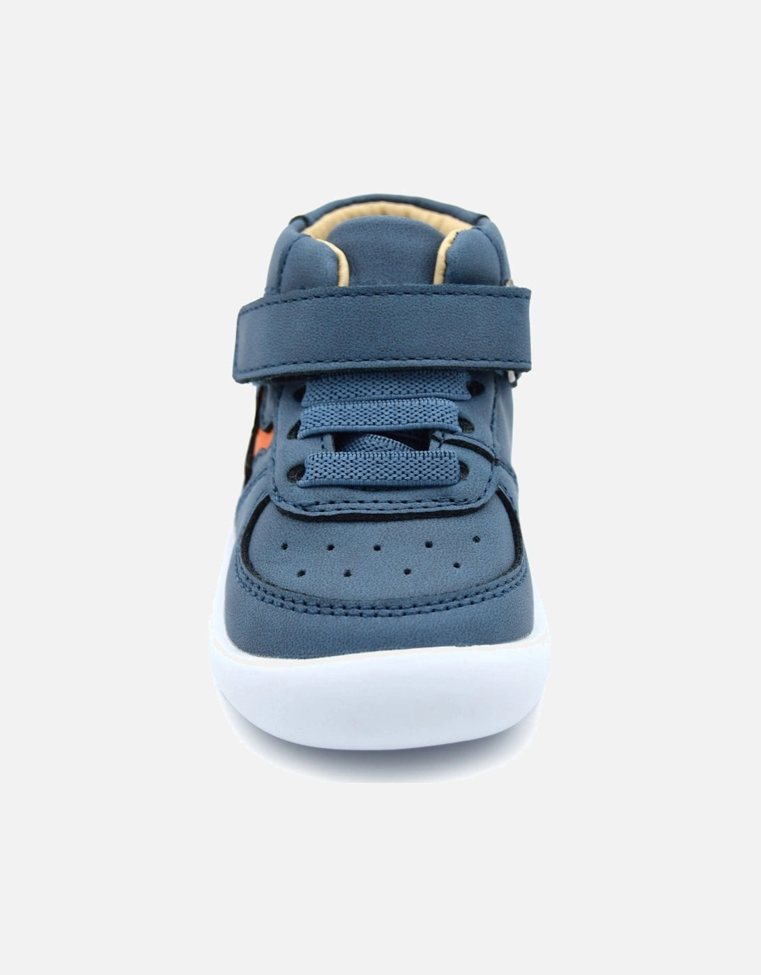 A boys mid-top shoe by Shoesme, style BF24SO14-B, in blue with orange motif on side. single velcro fastening and bungee lace. Front view.