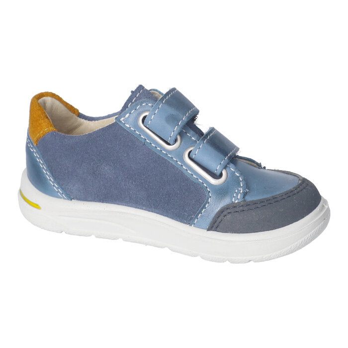 A boys shoe by Ricosta, style Jamie, in blue with mustard trim, double velcro fastening. Left inner side view.