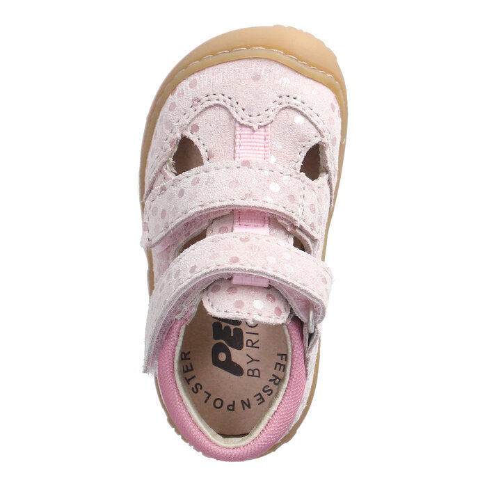 A girls closed sandal by Ricosta , style Ebi, in pale pink, double velcro fastening with a rubber toe. Above view.