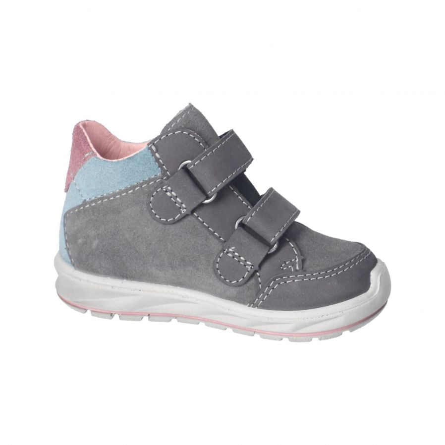 A girls waterproof ankle boot by Ricosta, style Kimo, double velcro fastening in grey with pink and blue trim. Left inner side view.