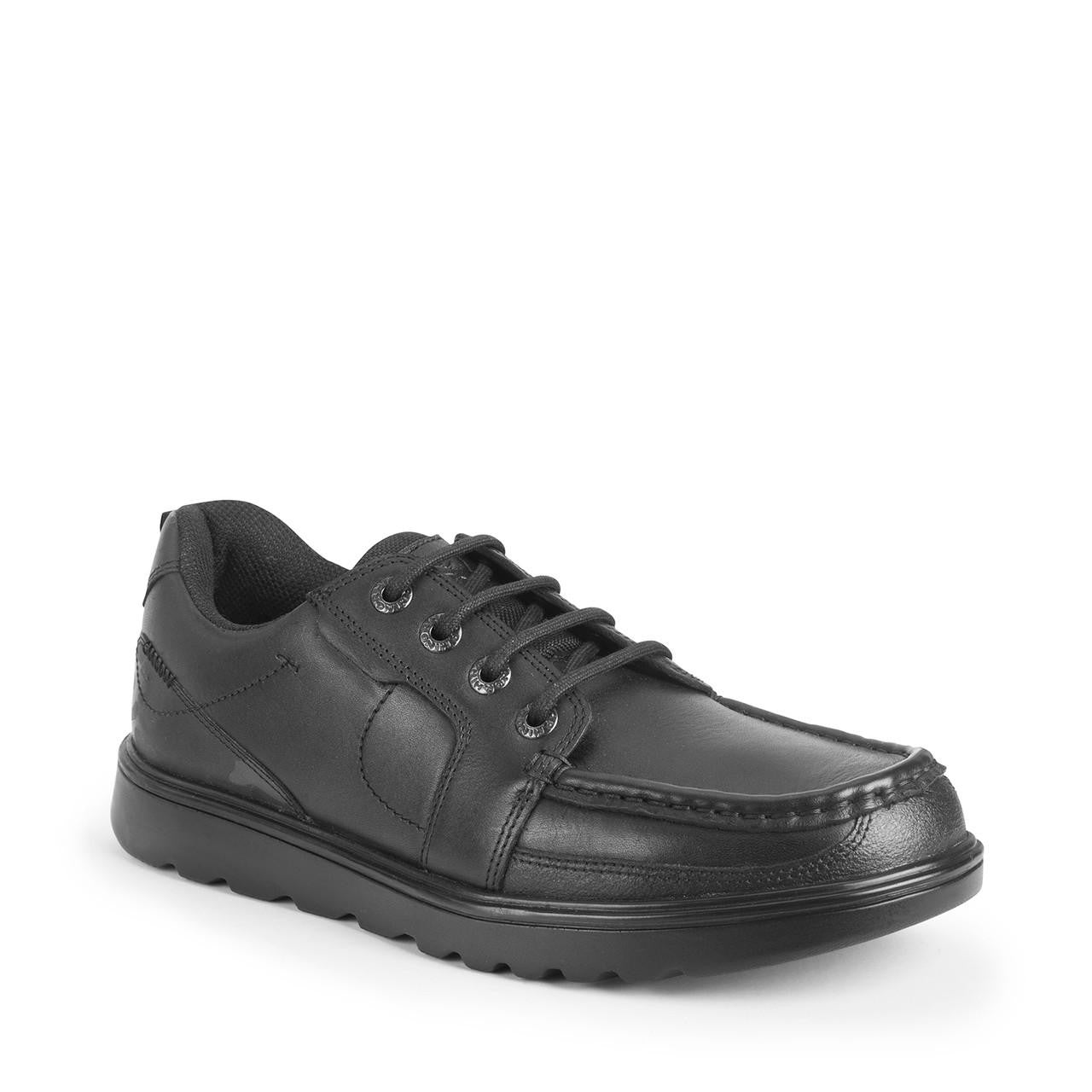 A senior boys school shoe by Start-Rite, style Cadet, in black leather with lace up fastening. Angled right side view.