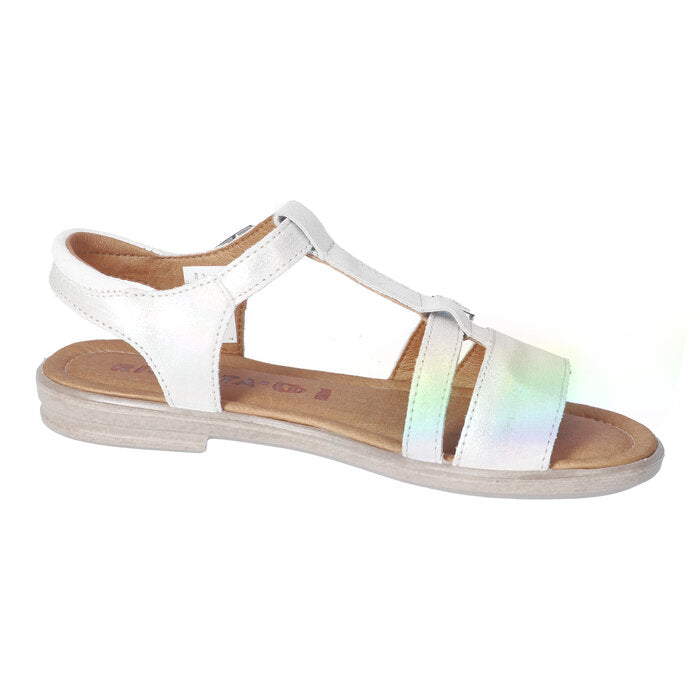 A girls open toe sandal by Ricosta, style Kalja, in bianco rainbow with a velcro fastening. Left inner side view.