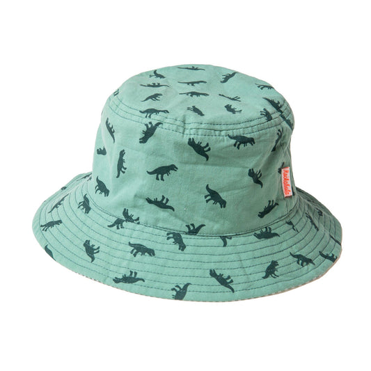 A children's bucket hat by Rockahula, style T-Rex, in green dinosaur print. Front view.