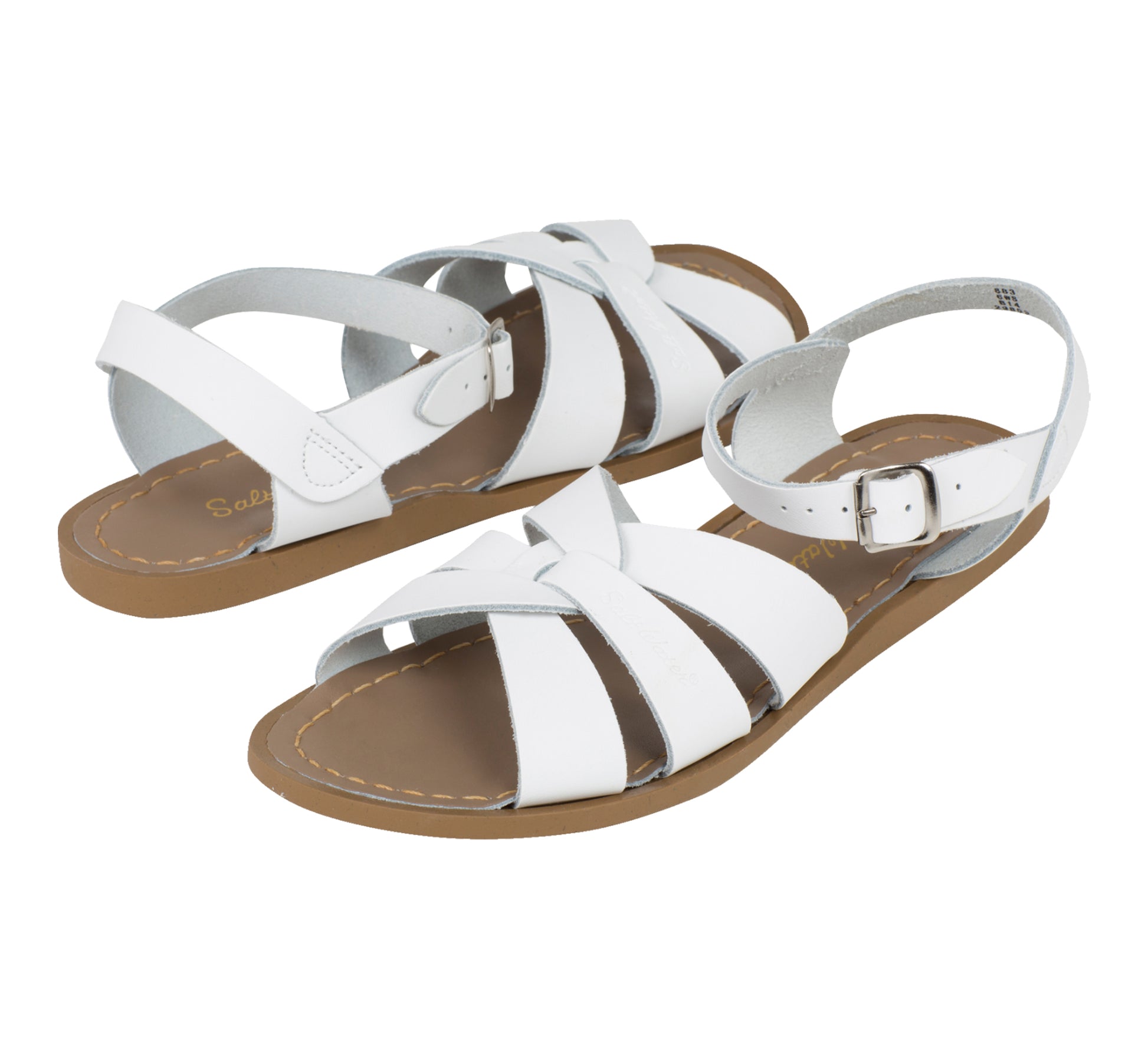 An original girls sandal by Salt Water Sandals in white with single buckle fastening around the ankle. Open Toe and Sling-back with woven detail on the front. Pair view.