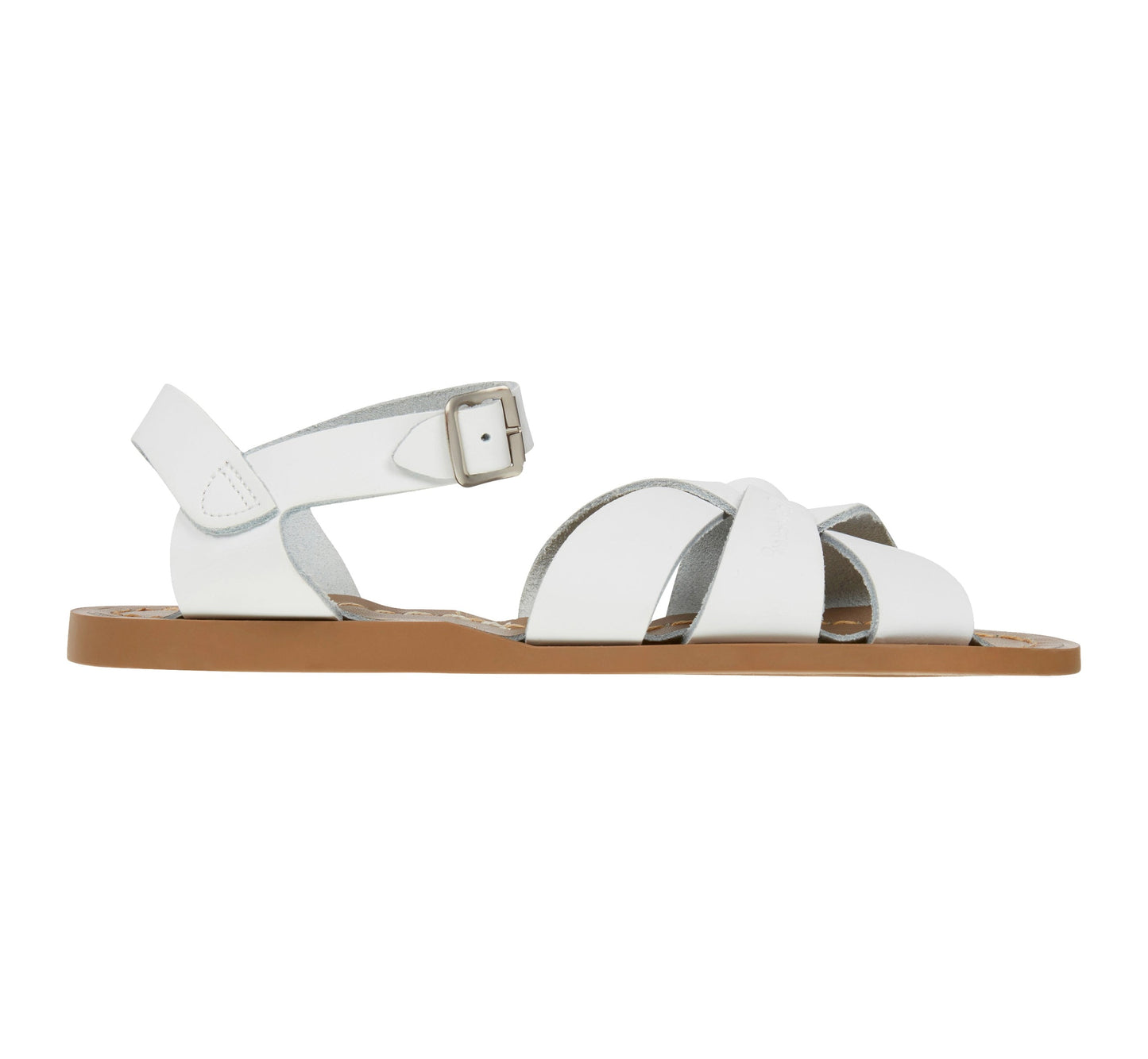 An original girls sandal by Salt Water Sandals in white with single buckle fastening around the ankle. Open Toe and Sling-back with woven detail on the front. Right Side view.