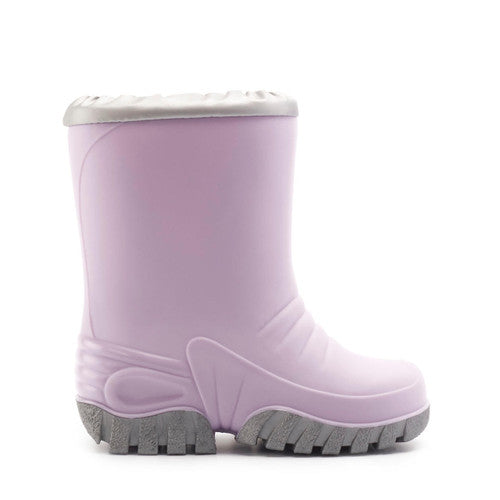 A girls wellie by Start-Rite, style Baby Mudbuster, in lilac and silver with fur lining and drawstring fastening. Right side view.