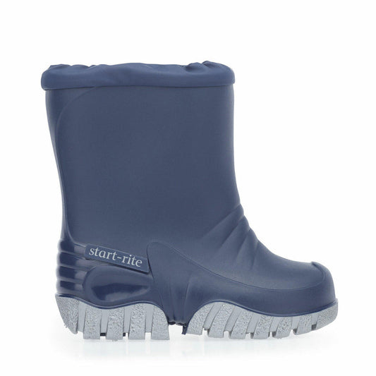 A unisex wellie by Start-Rite, style Baby Mudbuster, in blue and grey with fur lining and drawstring fastening. Right side view.
