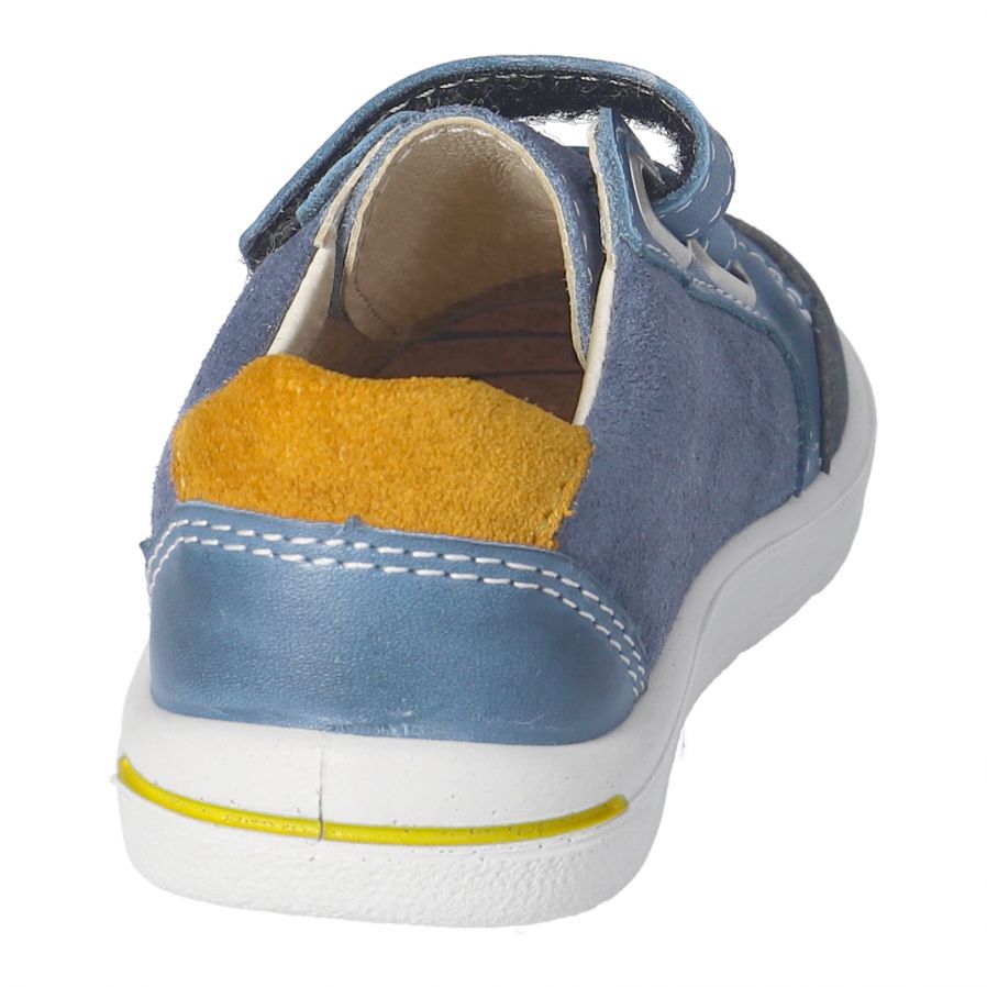 A boys shoe by Ricosta, style Jamie, in blue with mustard trim, double velcro fastening, View of the back.
