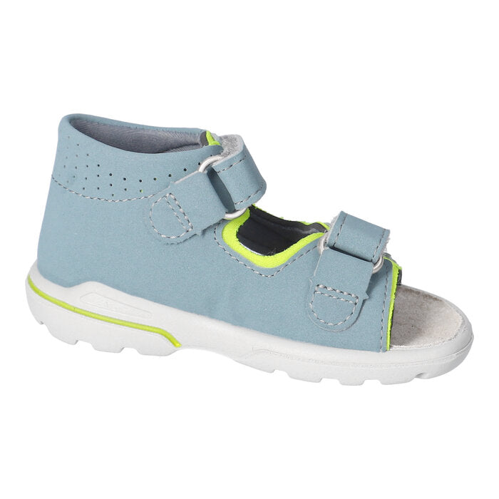 A boys open toe sandal by Ricosta, style Manto in blue, double velcro fastening with a full back. Left inner side view.
