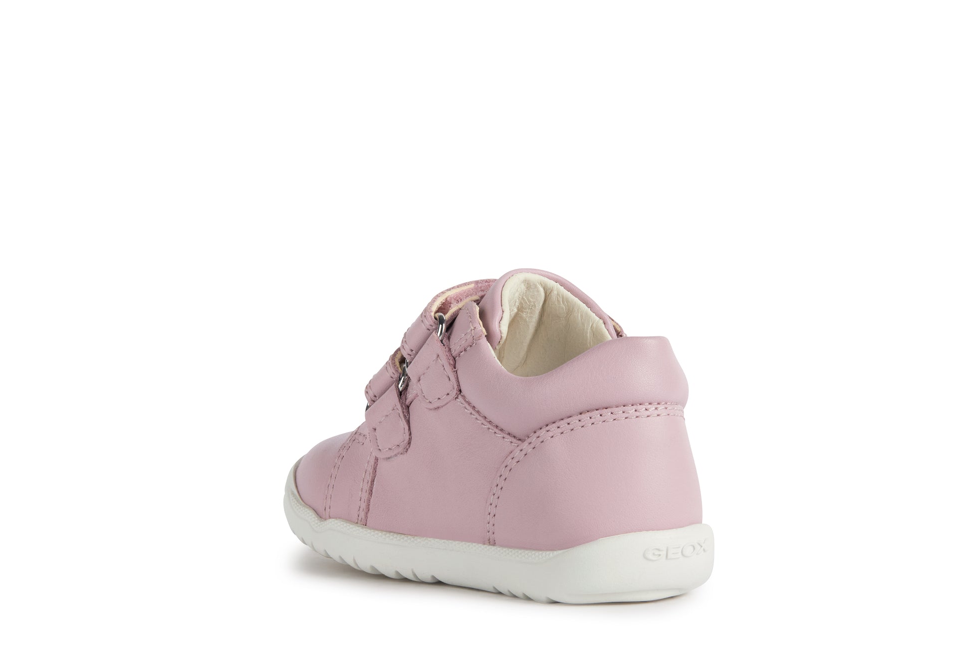 A girls shoe by Geox, style B Macchia, in pink leather with white trim and double velcro fastening. Angled view of left side.