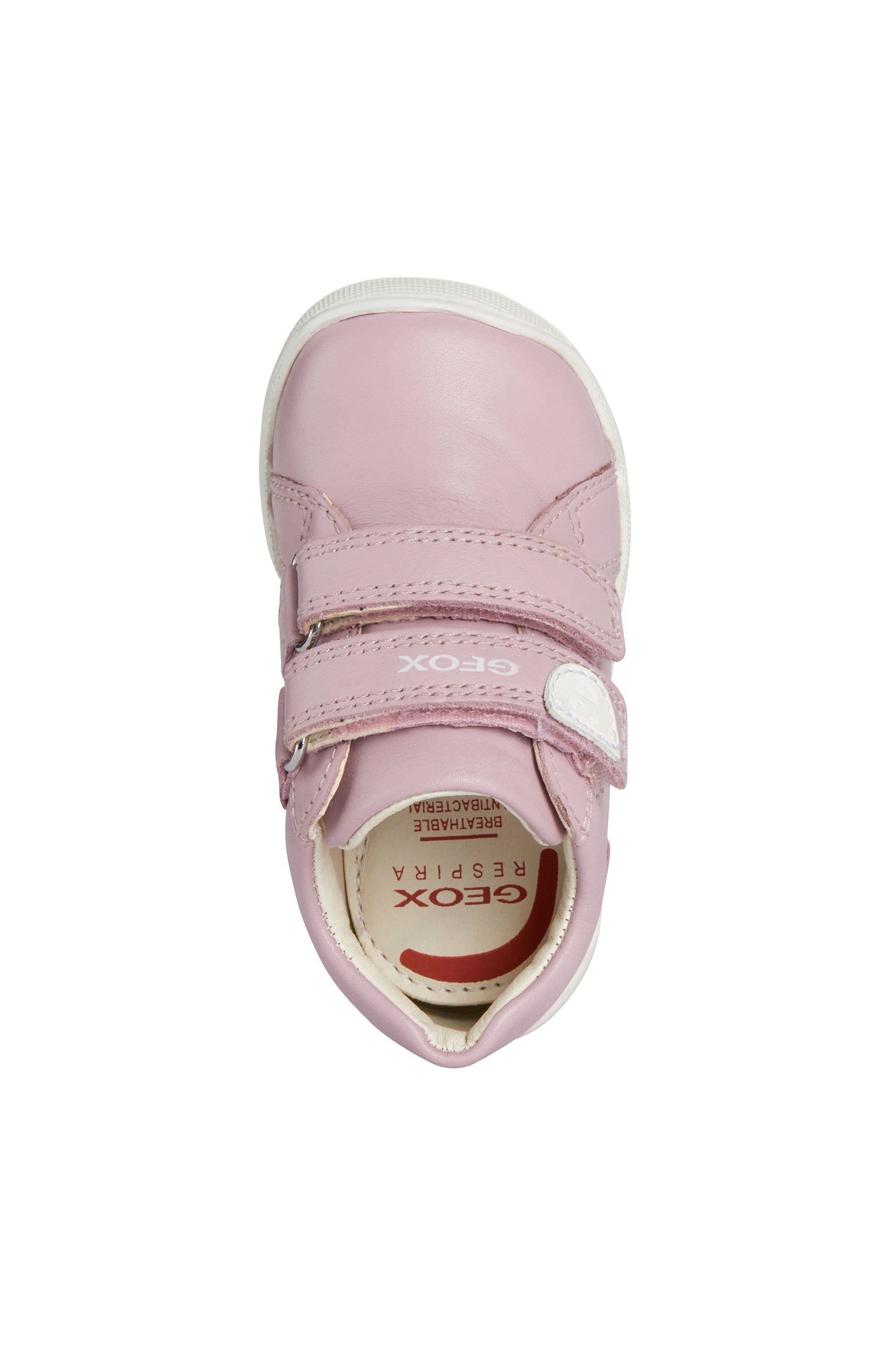 A girls shoe by Geox, style B Macchia, in pink leather with white trim and double velcro fastening. View from above.