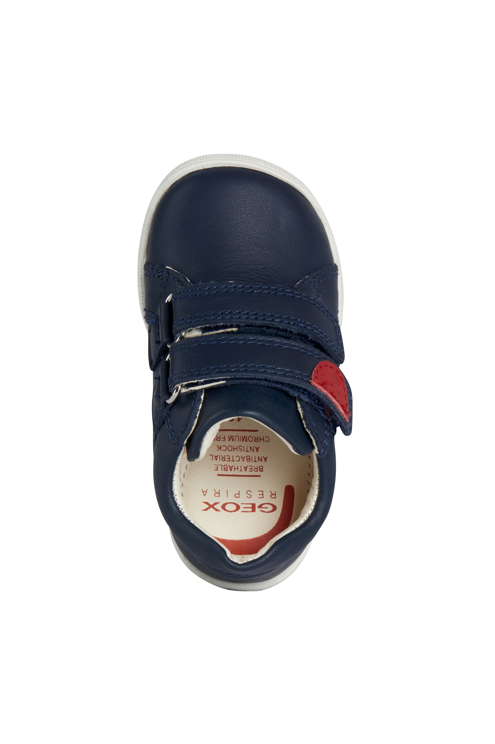 A boys shoe by Geox, style B Macchia, in navy leather with red trim and double velcro fastening. View from above.