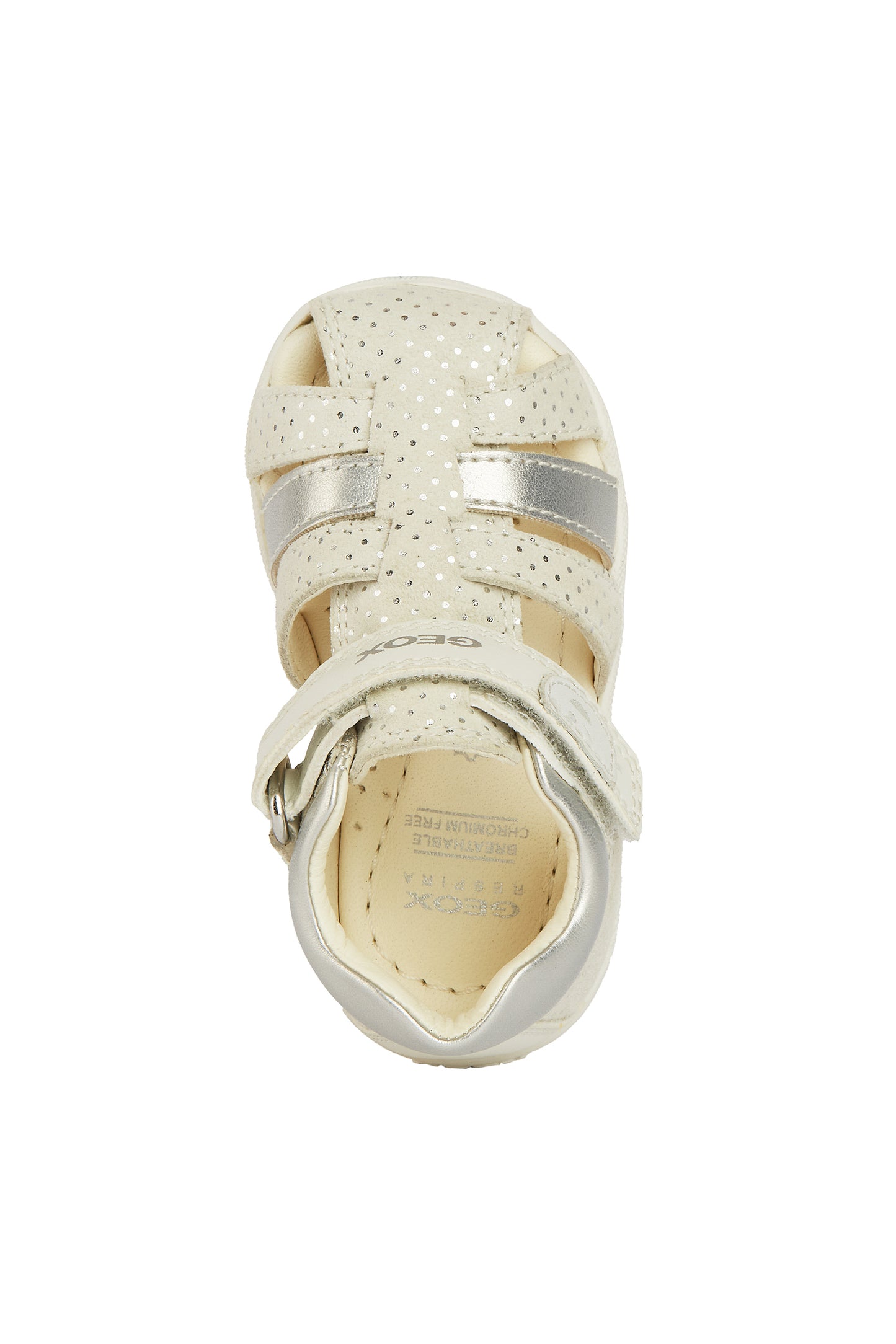 A girls closed toe sandal by Geox, style B Macchia, in off white spot print and silver nubuck leather with velcro fastening.Right side view. View from above.
