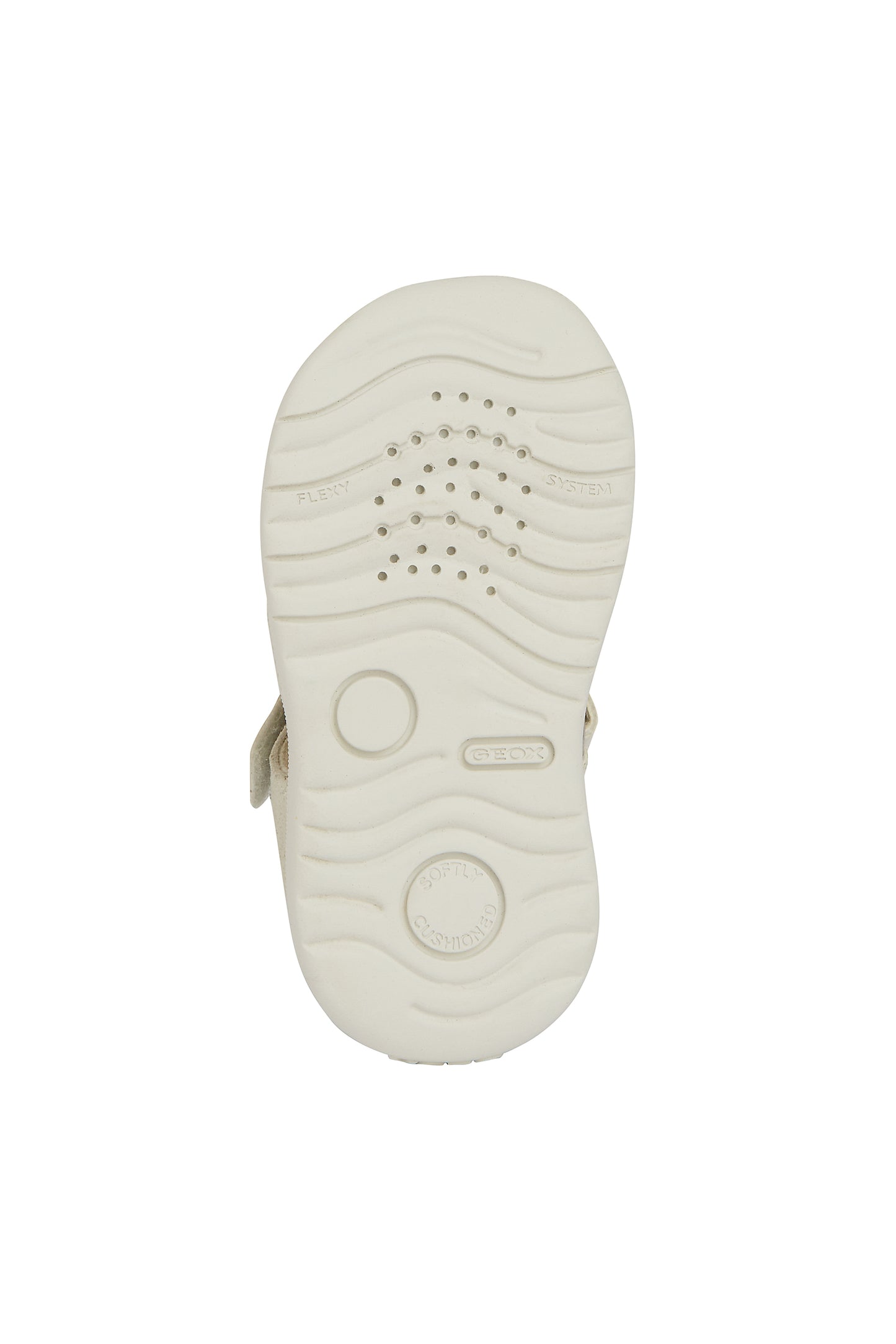 A girls closed toe sandal by Geox, style B Macchia, in off white and silver nubuck leather with velcro fastening. View of cream sole.
