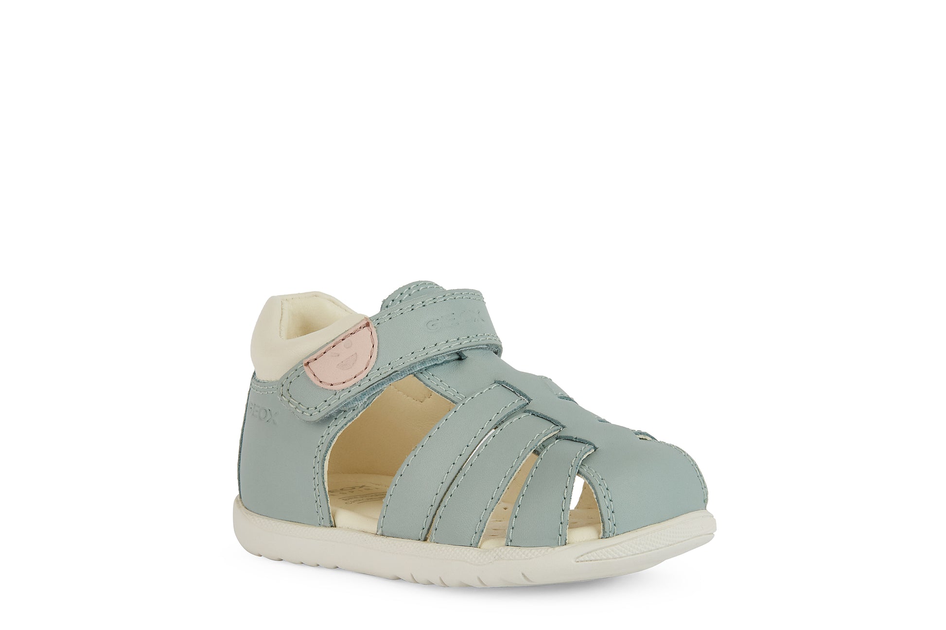 A girls closed toe sandal by Geox, style B Macchia, in light green nubuck leather with pale pink and white trim and velcro fastening. Angled right side view.