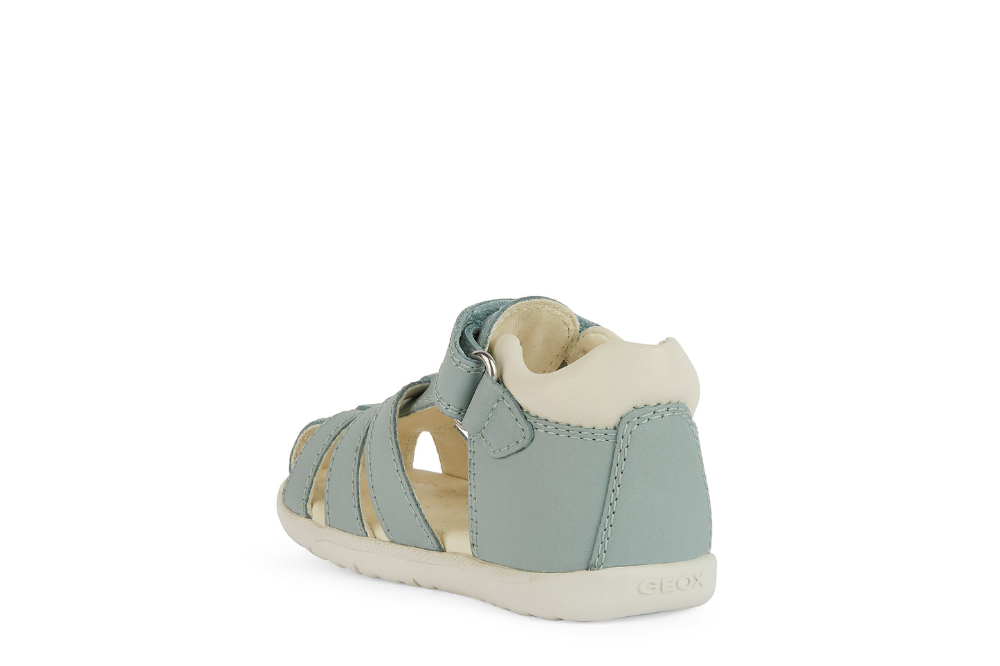 A girls closed toe sandal by Geox, style B Macchia, in light green nubuck leather with pale pink and white trim and velcro fastening. Angled left side view.