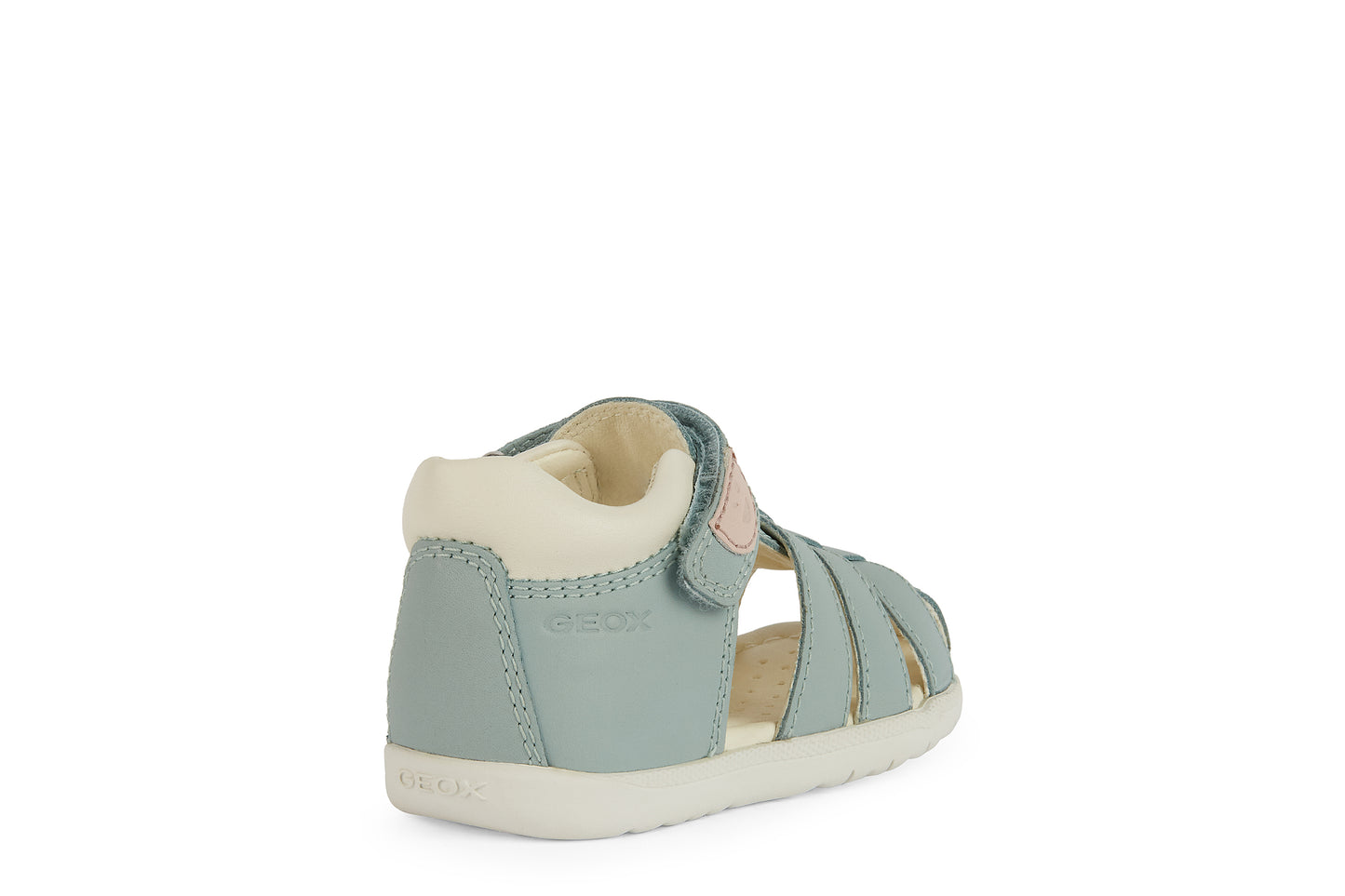 A girls closed toe sandal by Geox, style B Macchia, in light green nubuck leather with pale pink and white trim and velcro fastening. Angled right side view.