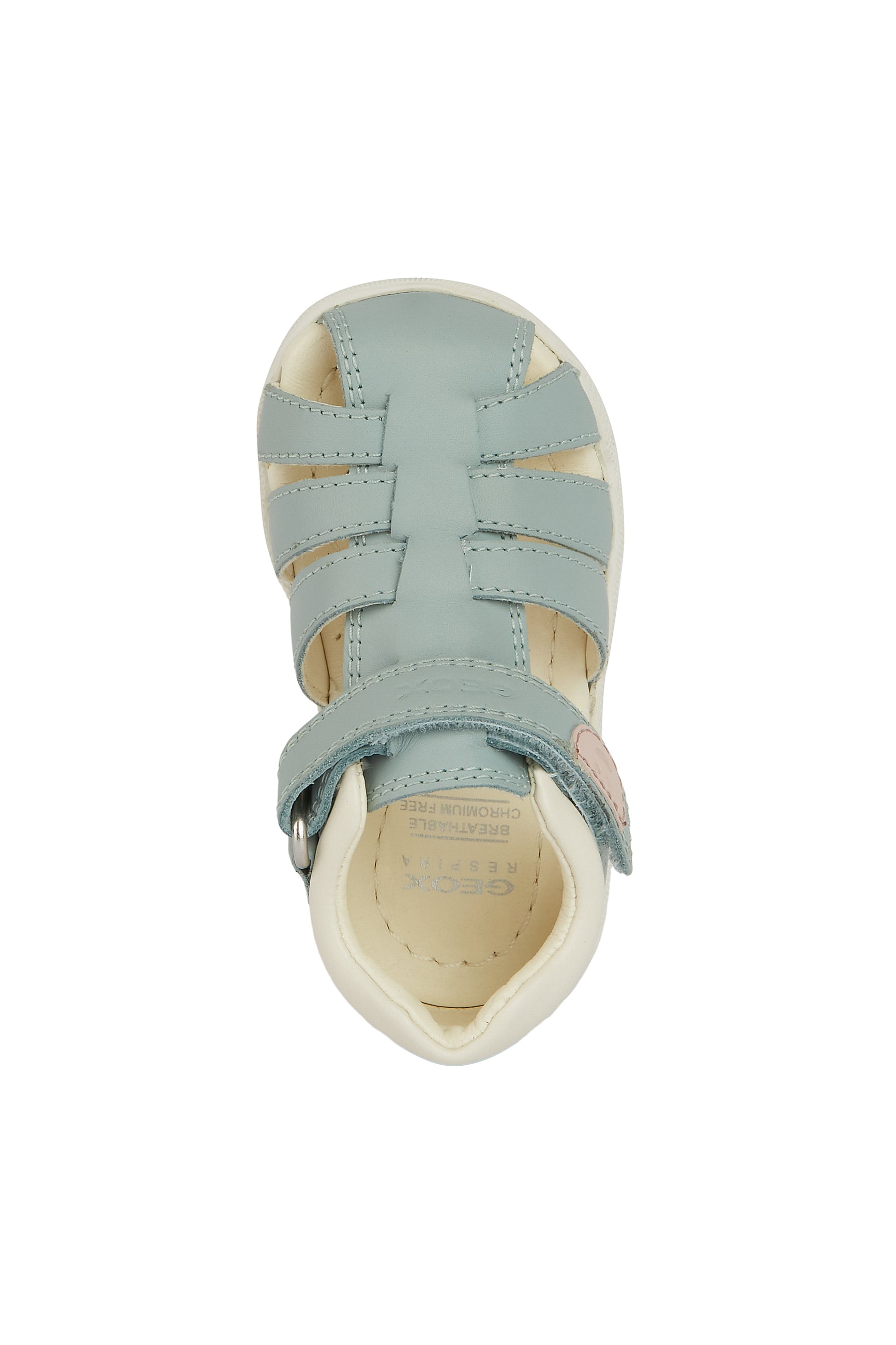 A girls closed toe sandal by Geox, style B Macchia, in light green nubuck leather with pale pink and white trim and velcro fastening.View from above.