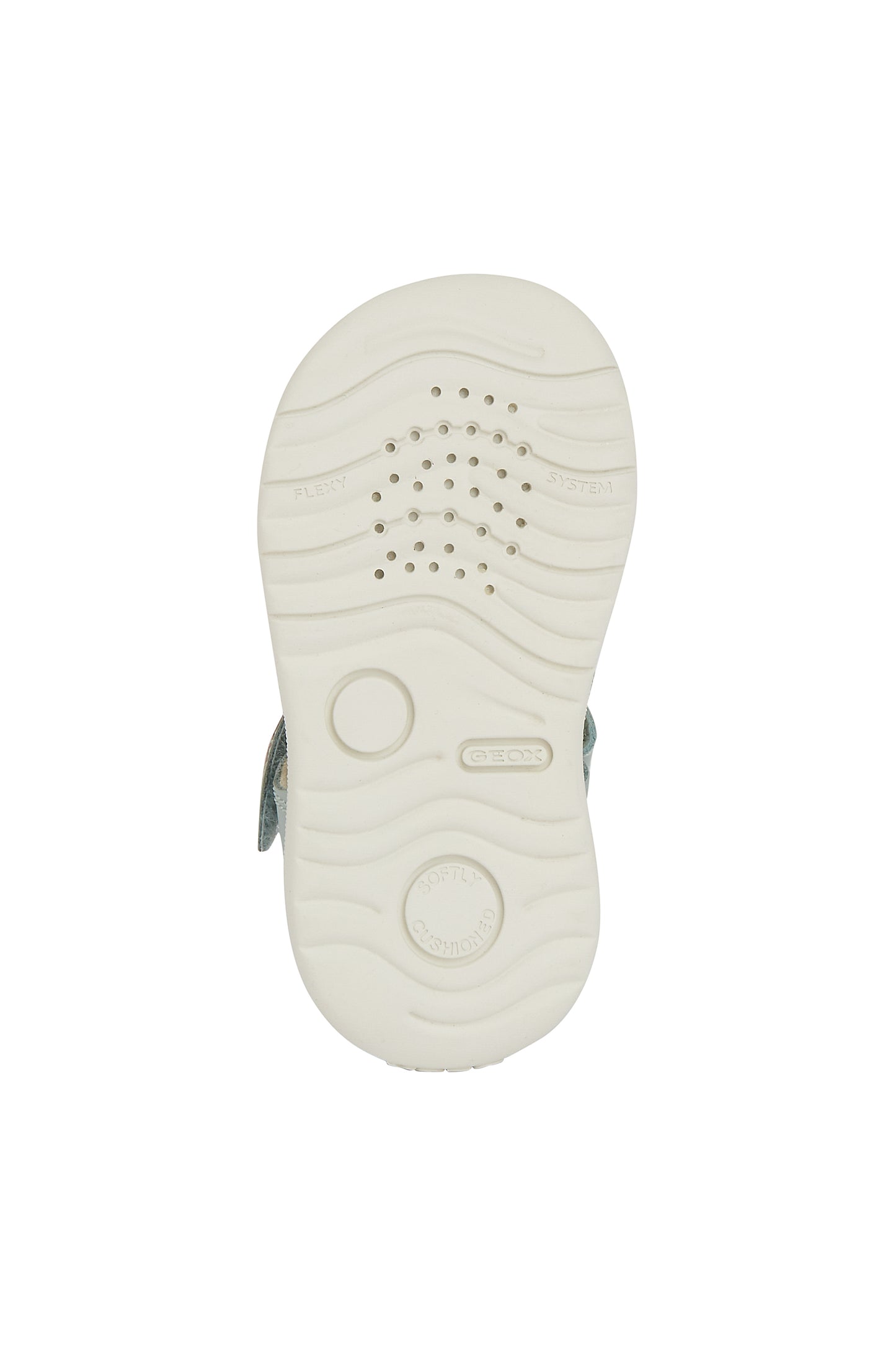 A girls closed toe sandal by Geox, style B Macchia, in light green nubuck leather with pale pink and white trim and velcro fastening. View of sole.