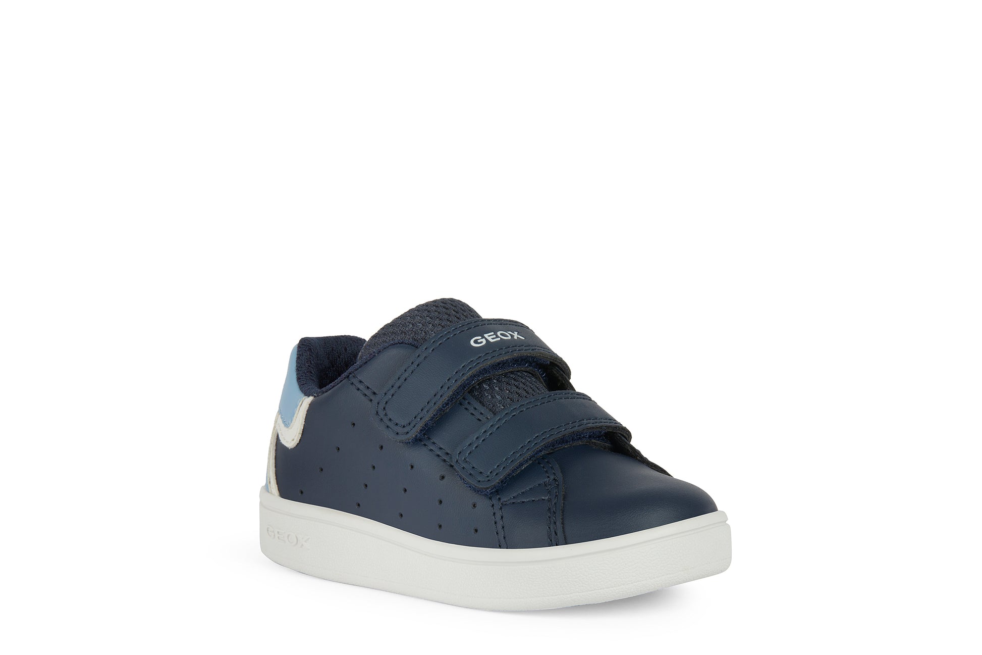 A boys casual shoe by Geox, style B Eclyper, in navy, light blue and white with double velcro fastening. Angled right side view.
