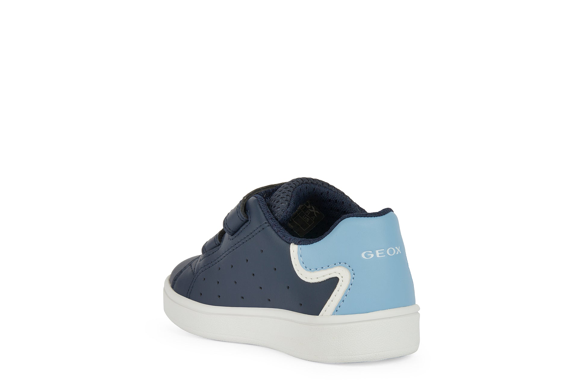A boys casual shoe by Geox, style B Eclyper, in navy, light blue and white with double velcro fastening. Angled left side view.