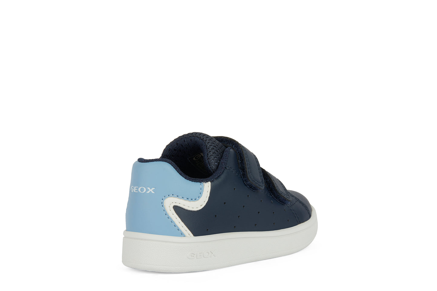 A boys casual shoe by Geox, style B Eclyper, in navy, light blue and white with double velcro fastening. Angled right side view.