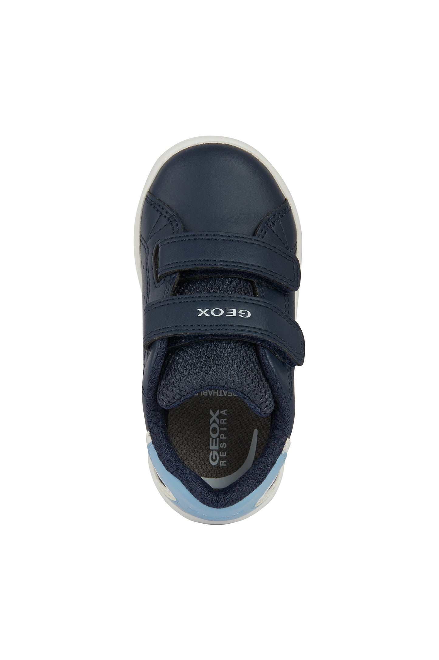 A boys casual shoe by Geox, style B Eclyper, in navy, light blue and white with double velcro fastening. View from above.