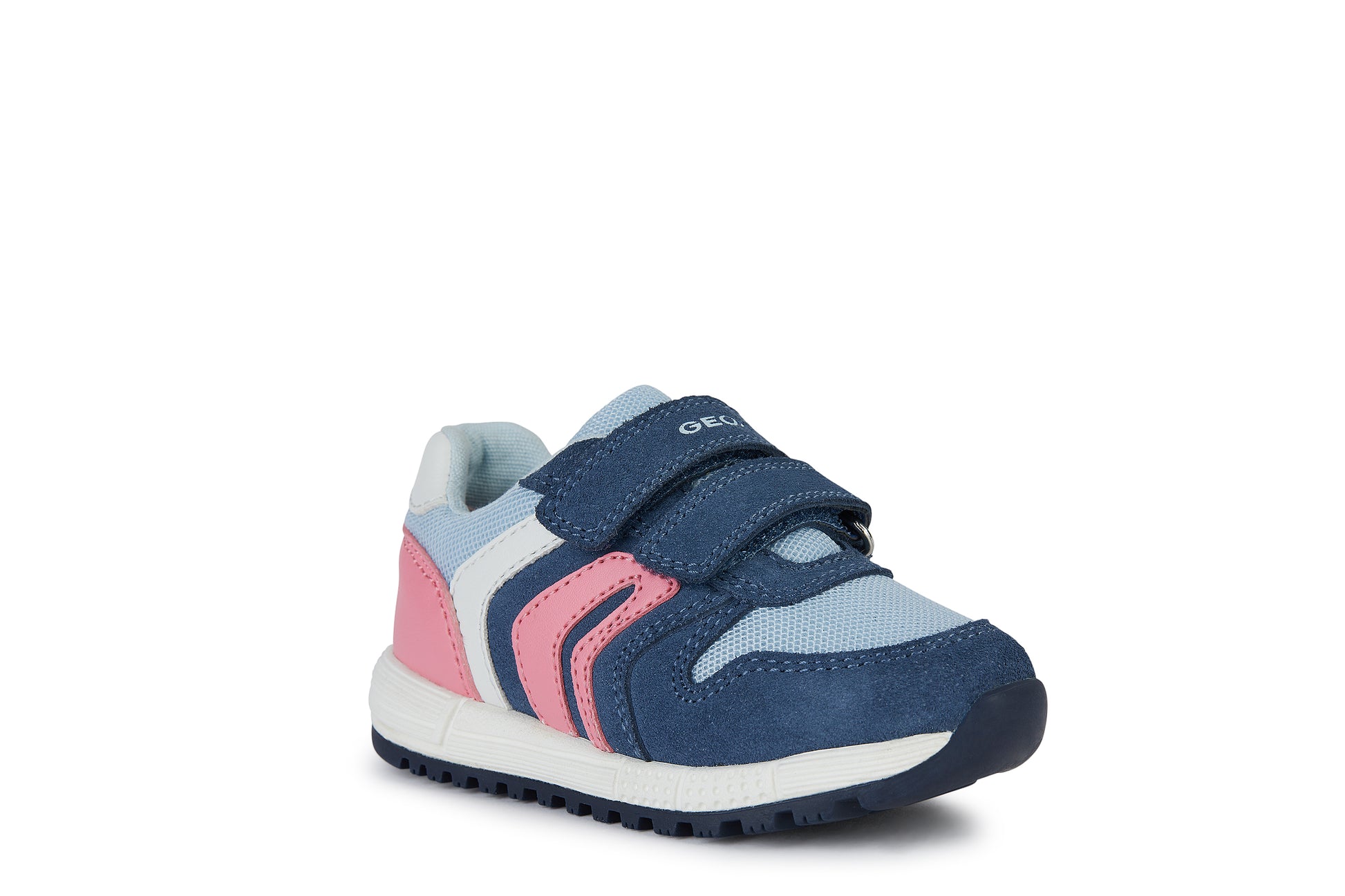 A girls trainer by Geox, style B Alben, in blue, pink and white with double velcro fastening. Angled right side view.