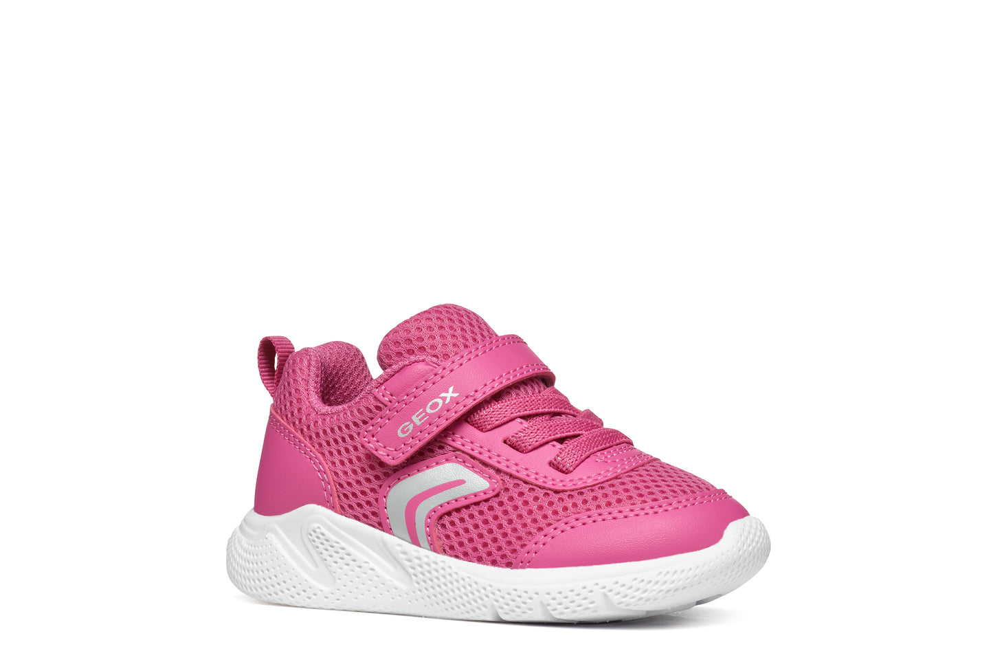 A girls trainer by Geox, style B Sprintye, in bright pink with bungee lace and velcro fastening. Right side view.