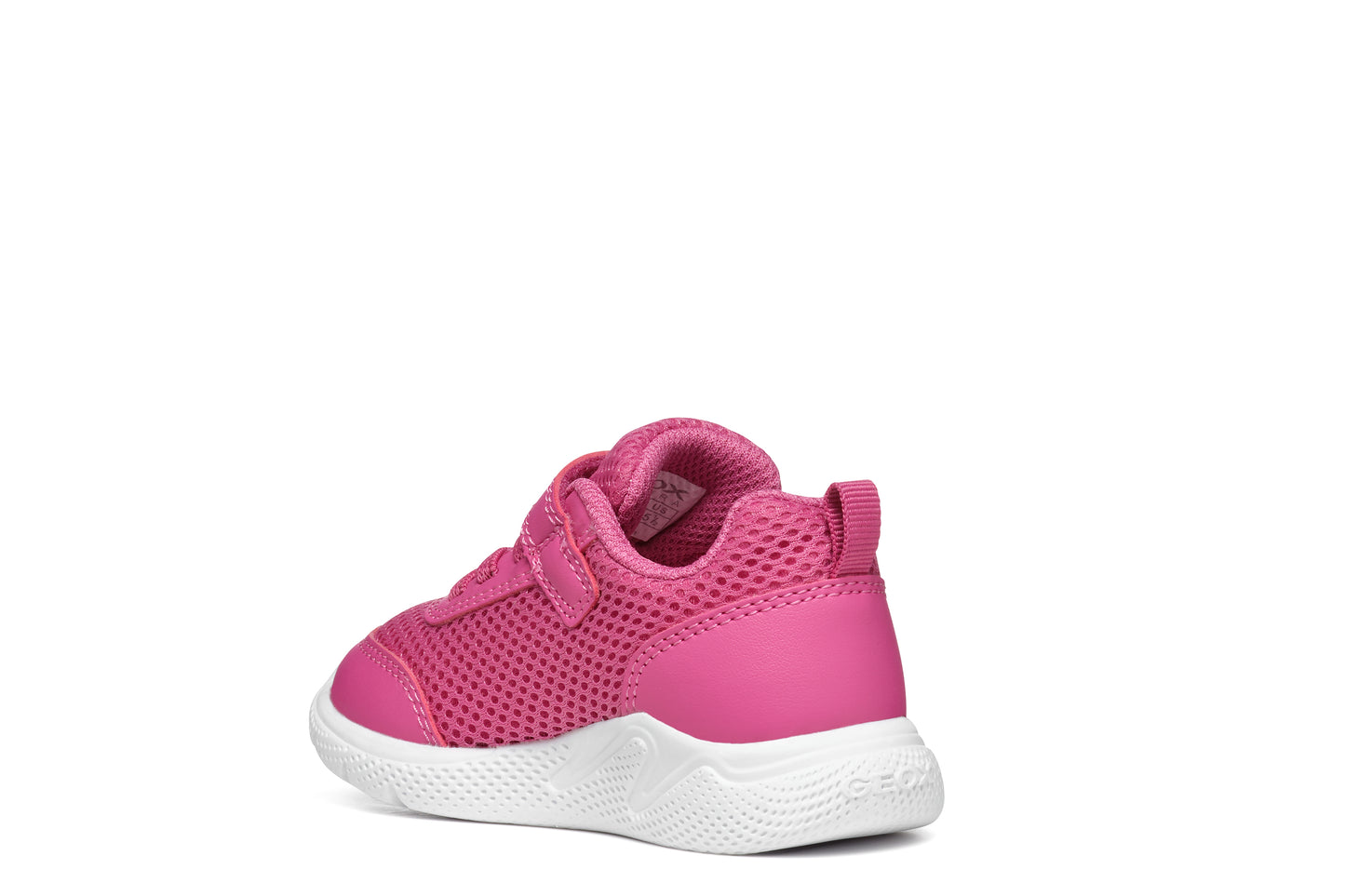 A girls trainer by Geox, style B Sprintye, in bright pink with bungee lace and velcro fastening. Angled view of left side.