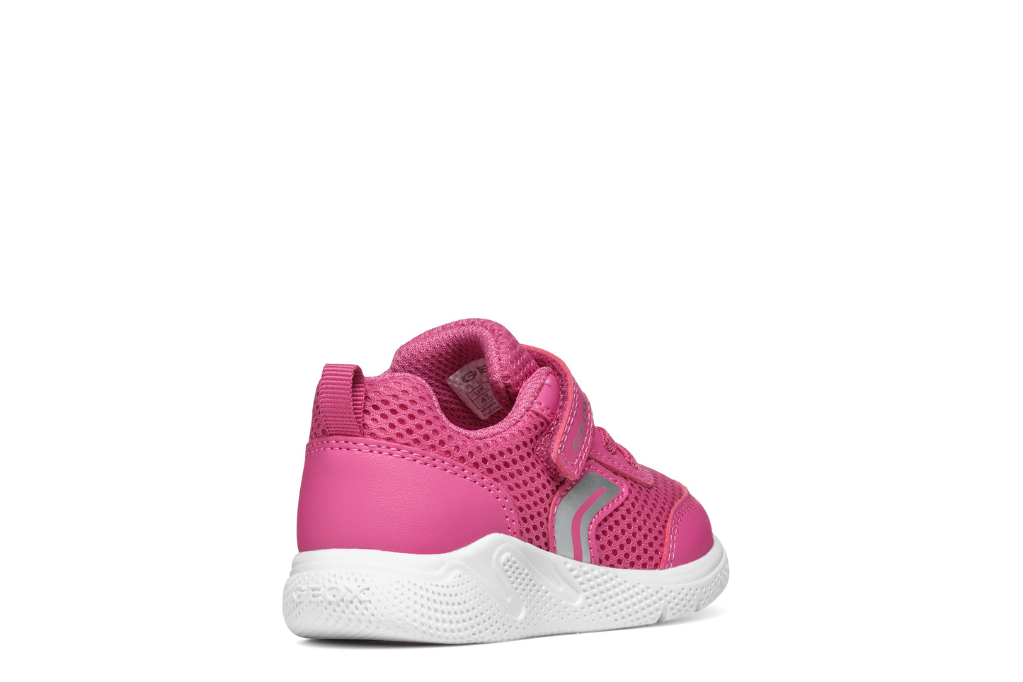 A girls trainer by Geox, style B Sprintye, in bright pink with bungee lace and velcro fastening. Angled view of right side.