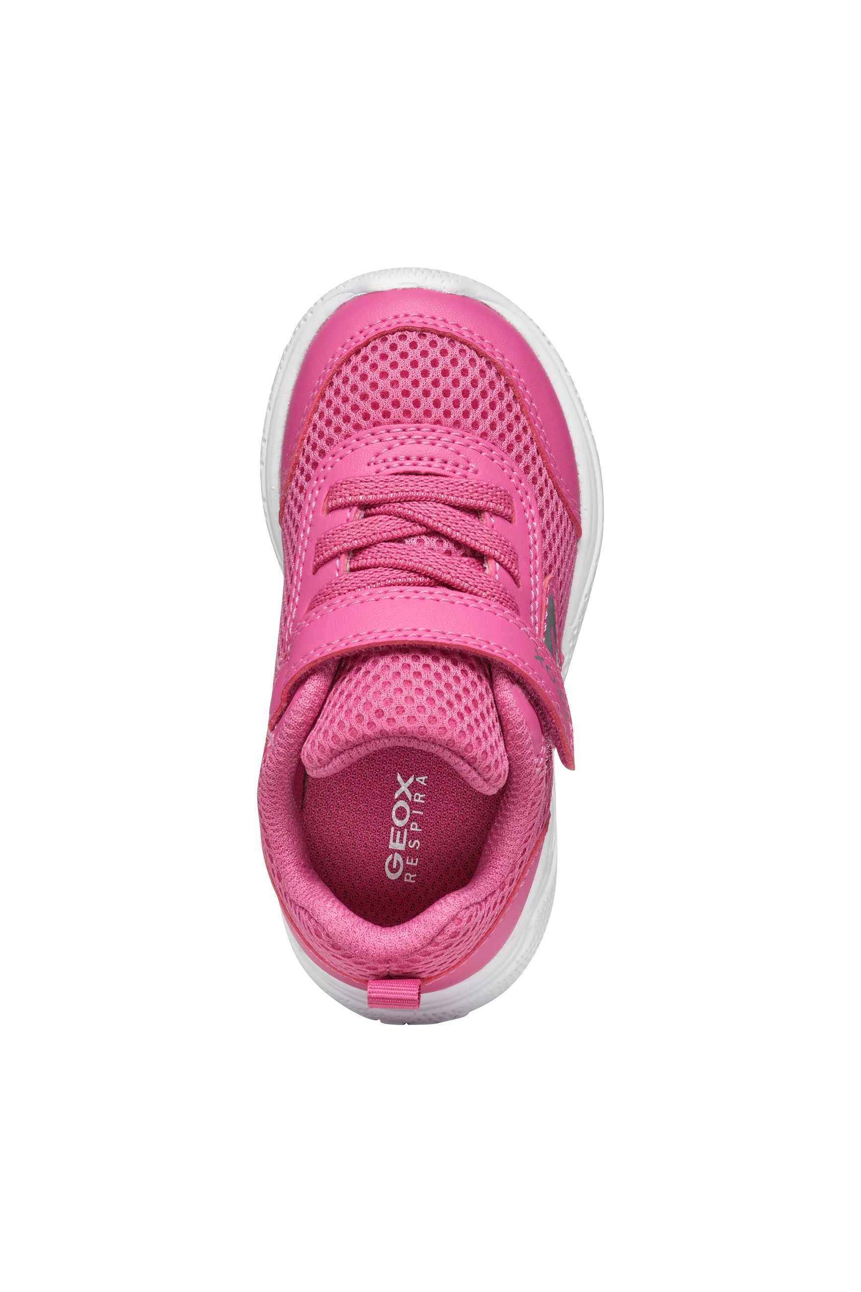 A girls trainer by Geox, style B Sprintye, in bright pink with bungee lace and velcro fastening. View from above.