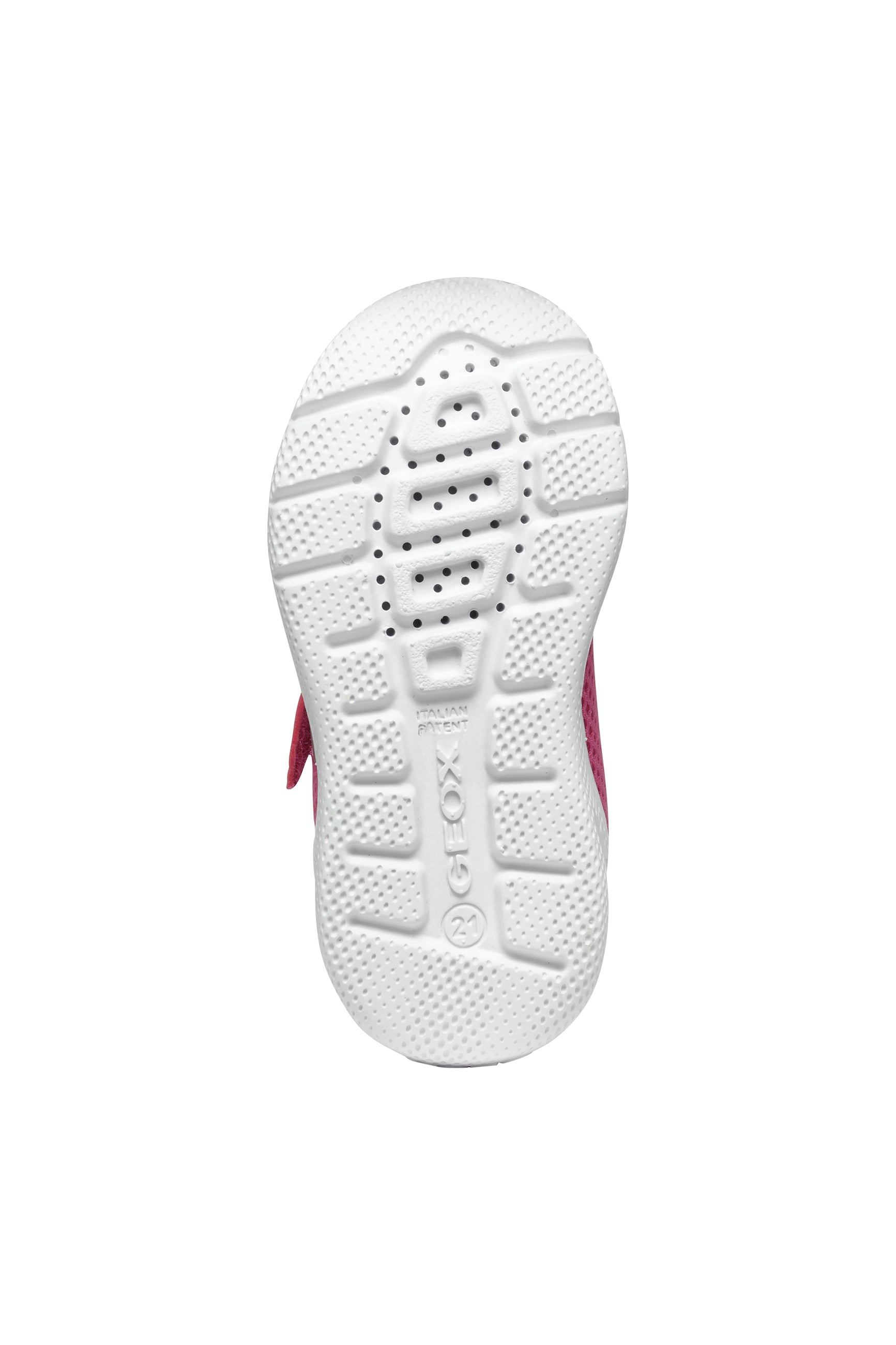 A girls trainer by Geox, style B Sprintye, in bright pink with bungee lace and velcro fastening. View of white sole.