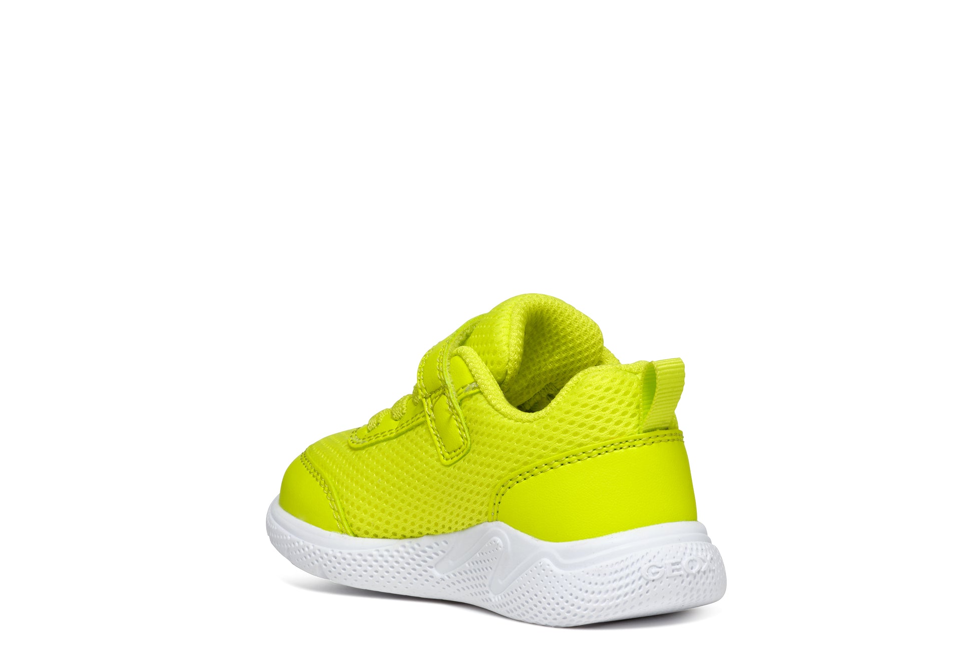 A unisex trainer by Geox, style B Sprintye, in fluorescent green with bungee lace and velcro fastening. Angled view of left side.