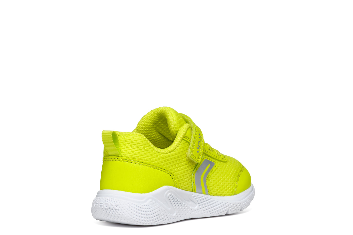 A unisex trainer by Geox, style B Sprintye, in fluorescent green with bungee lace and velcro fastening. Angled view of right side.