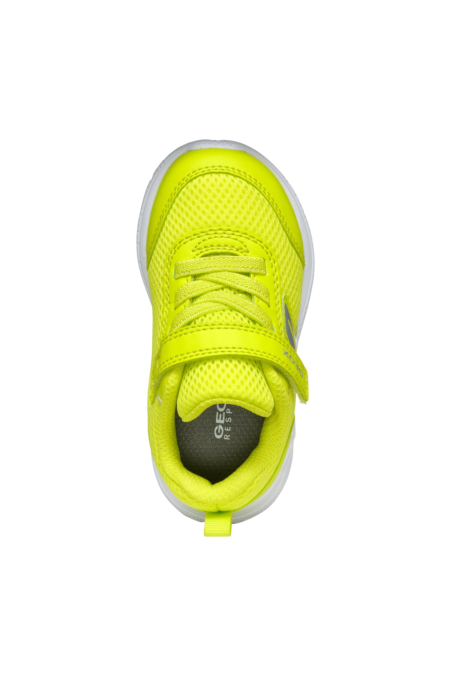 A unisex trainer by Geox, style B Sprintye, in fluorescent green with bungee lace and velcro fastening. View from above.